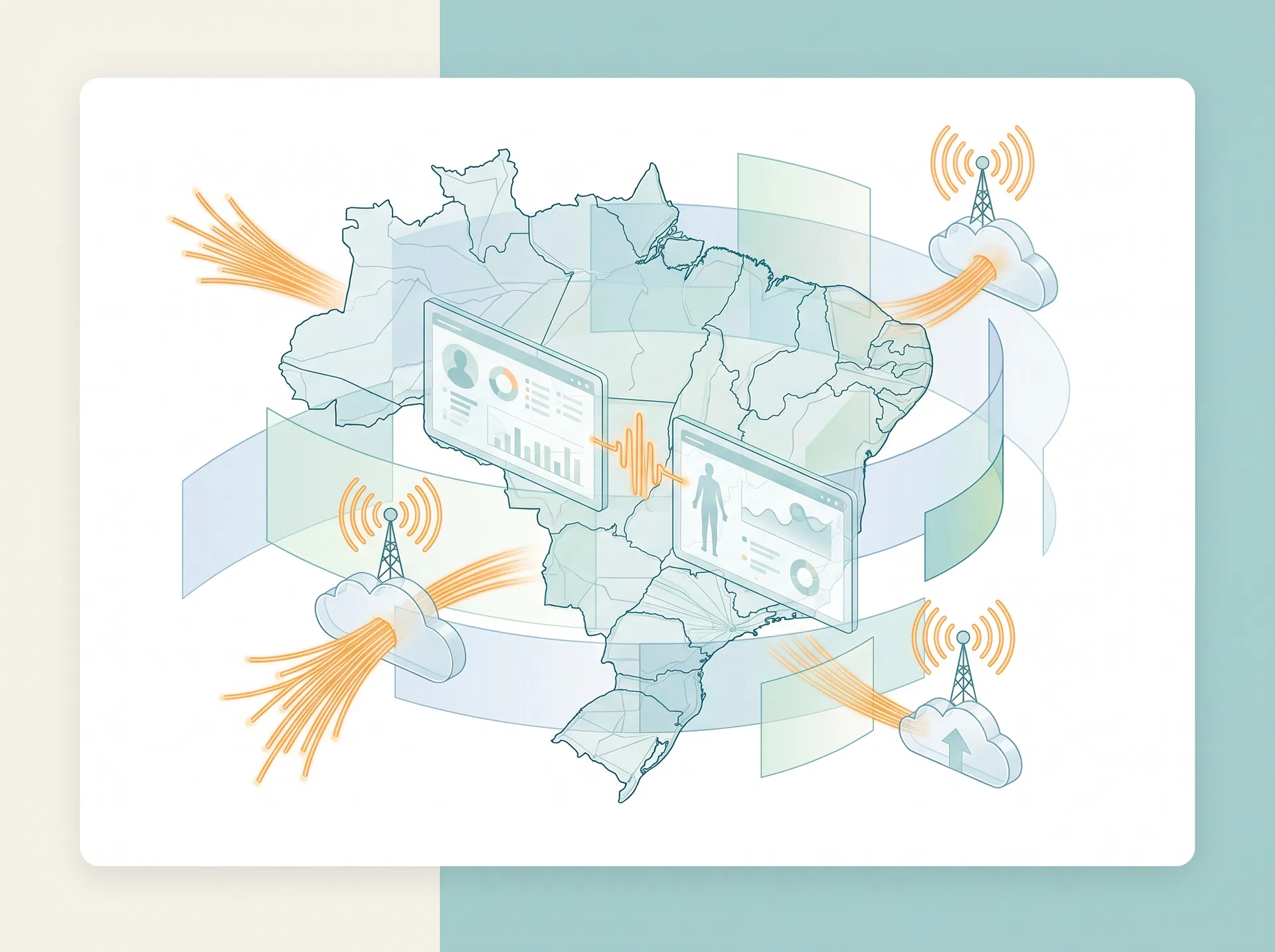 Ilustração de infraestrutura digital conectando o Brasil